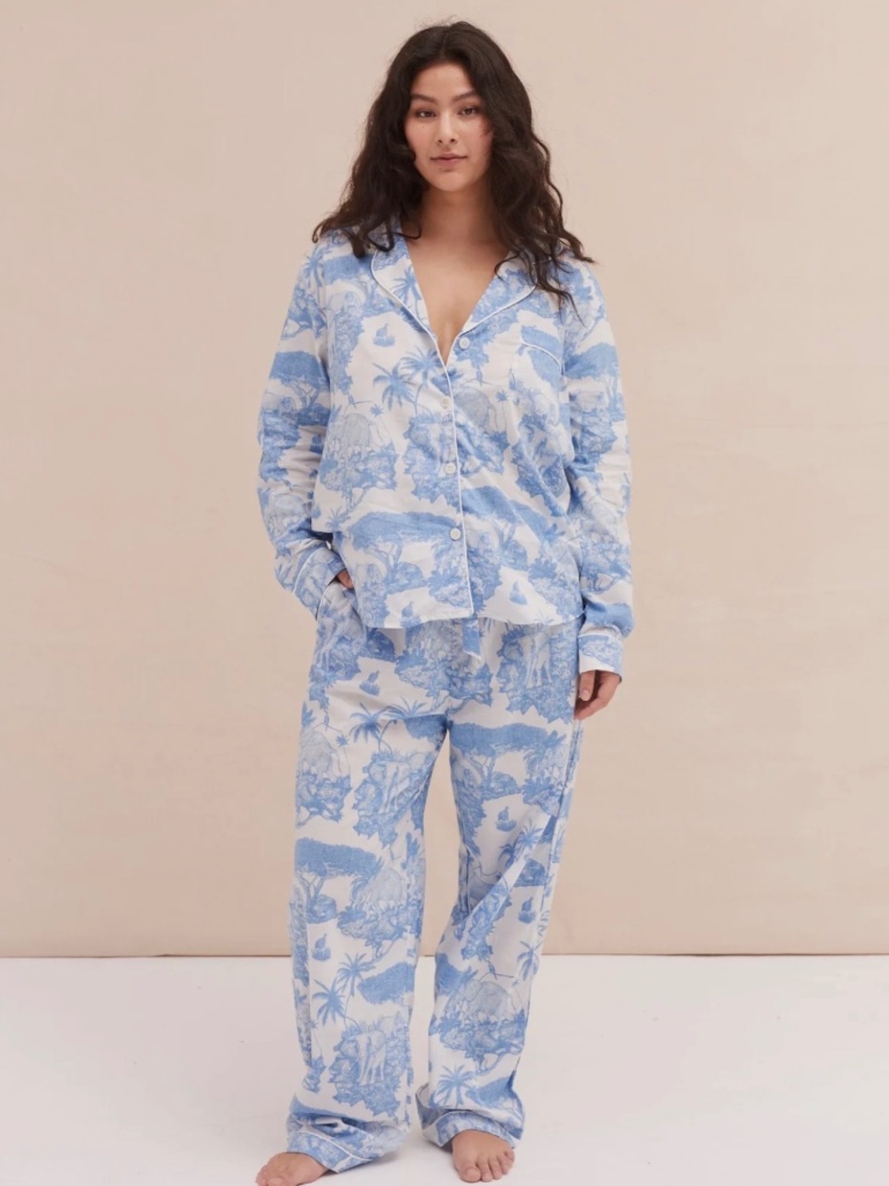 Desmond & Dempsey Loxodonta Blue Organic Cotton Pyjama Set Size M